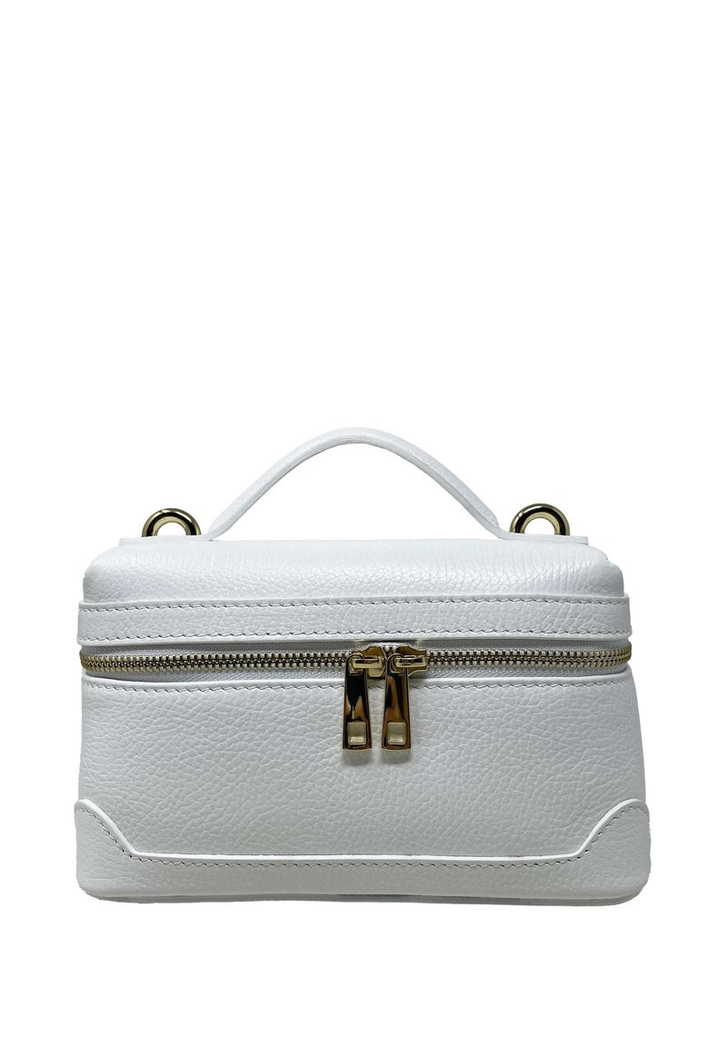 Borsa bianca in pelle con finitura testurizzata, hardware della cerniera dorato, manico superiore e forma rettangolare, caratterizzata da cuciture bianche a contrasto.