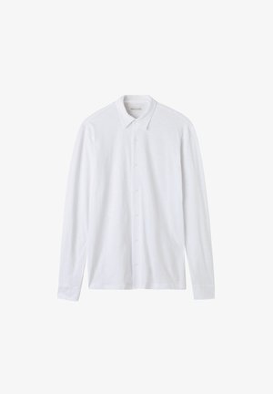 Witte blouse met lange mouwen, gemaakt van lichtgewicht stof. Heeft een standaardkraag en een knoopsluiting aan de voorkant met subtiele stikdetails.