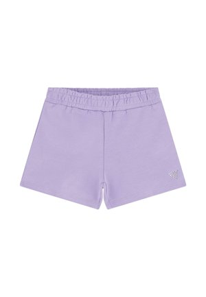 Lilla elastiske shorts med en lille trekantet rhinstenlogo på den nederste højre side mod en hvid baggrund.