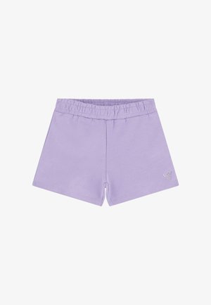 Lilla elastiske shorts med en lille trekantet rhinstenlogo på den nederste højre side mod en hvid baggrund.