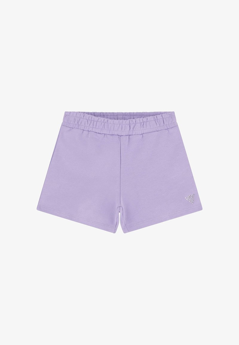Short violet à taille élastique avec un petit logo en strass triangulaire sur le bas à droite sur fond blanc.