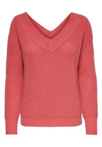Koraalkleurige gebreide trui met een V-hals, brede ribgebreide halslijn en manchetten, met een losse pasvorm en een gestructureerde stof voor extra warmte.