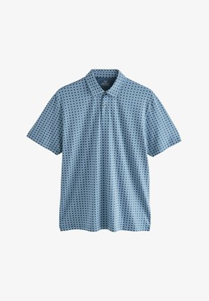 Polo cu mânecă scurtă, de culoare albastră, cu un model de diamant, având guler și o închidere cu trei nasturi, fabricat dintr-un material respirabil.