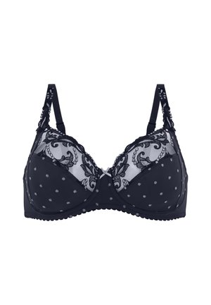 Soutien-gorge en dentelle noire avec des motifs à pois et une broderie florale. Il possède des bretelles réglables et des bords festonnés pour apporter une touche de détail.