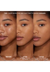 Three side-by-side views of skin, showing before and after application of a makeup product. Rich, smooth texture with a matte finish.