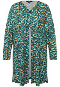 Cardigan lungo e leggero realizzato in tessuto stampato con punti colorati su fondo teal. Scollo a V e chiusura con bottoni anteriore.
