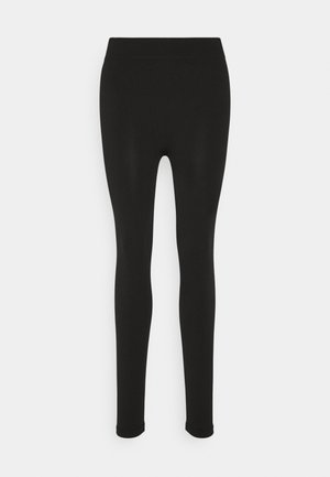 Black leggings made of stretchy fabric, featuring a high waistband, full-length design, and smooth texture without patterns or embellishments.