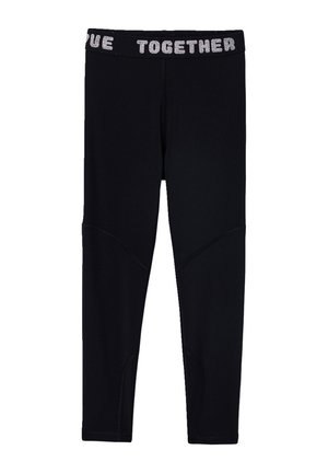 Black athletic leggings with curved seam detailing and a wide waistband featuring glittery text "LOVE TOGETHER."