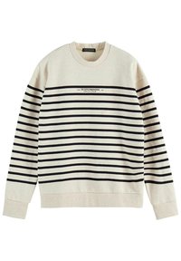 Sudadera de color beige claro con rayas horizontales negras, que presenta un cuello redondo y puños acanalados. Logotipo mostrado en el centro, encima de las rayas.