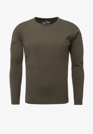 Chemise à manches longues vert olive avec un col arrondi, en tissu doux, présentant un design simple et un ourlet droit.