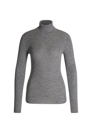 Maglione a maniche lunghe grigio a coste con collo alto, vita aderente, su sfondo bianco.