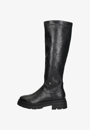 Knielange zwarte laarzen met een gestructureerd slangenhuidpatroon, gemaakt van leer, met een stevige zool en een gladde bovenkant.