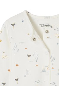 White cotton cardigan with small blue and orange nautical and weather-themed prints, featuring snap fasteners and a rounded collar.