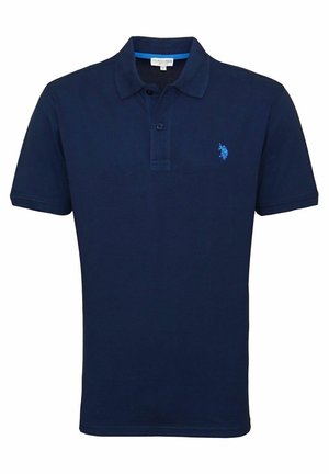 Navy blue short-sleeve polo shirt with two-button placket and small light blue horse and rider logo on the left chest.
