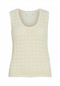 Top de punto sin mangas en color marfil que presenta un patrón abierto texturizado y bordes ondulados. Terminado con un dobladillo acanalado y etiqueta de VILA en el interior.