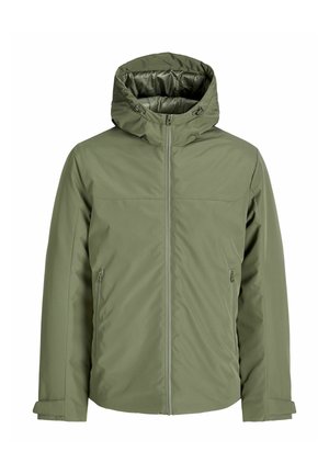 Olive green jacket with a hood, featuring a front zipper and two side pockets. The fabric appears smooth with a lightweight design.