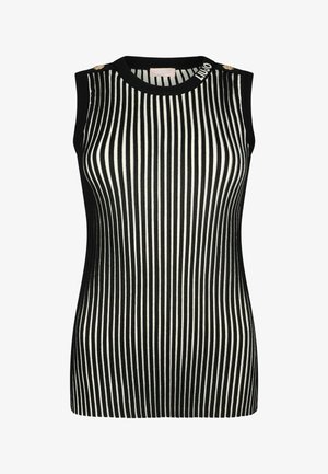 Černý a krémově pruhovaný top bez rukávů s žebrovanou texturou, kulatým výstřihem a knoflíkovými detaily po stranách. U krku je umístěn detail s logem.