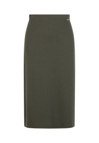 Gonna a matita verde oliva realizzata in tessuto liscio e elasticizzato. Design a vita alta con una silhouette pulita e un discreto dettaglio di branding in vita.