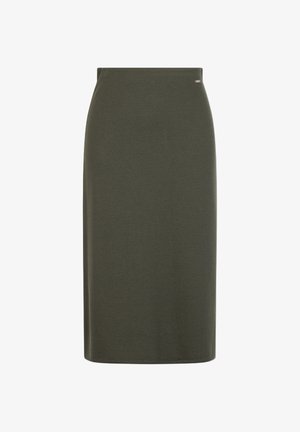 Falda lápiz verde oliva hecha de una tela lisa y elástica. Diseño de talle alto con una silueta limpia y un discreto detalle de marca en la cintura.