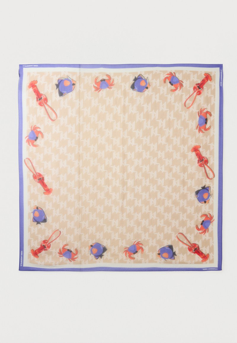 Μπεζ κασκόλ με μωβ περίγραμμα, διακοσμημένο με μοτίβο από κόκκινους αστακούς, μπλε ψάρια και υποκείμενο μοτίβο ψαλιδιού.