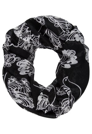 Zwarte stoffen infinity sjaal met witte, ingewikkelde vlinder- en bloemmotieven, lichtgewicht en gerimpeld in een cirkelvorm.