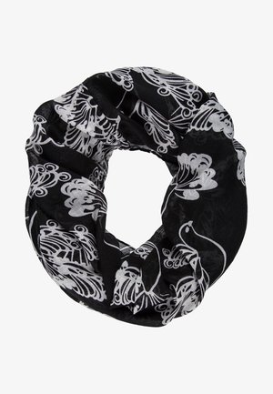 Écharpe infinie en tissu noir avec des motifs blancs complexes de papillons et de fleurs, légère et réunie en forme circulaire.