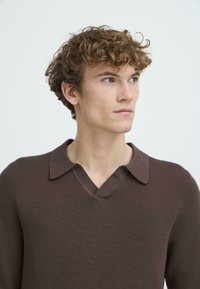 Polo din tricot maro, cu guler în V. Materialul are o textură fină, cu detalii subtile de nervuri. Modelul are părul scurt și creț.