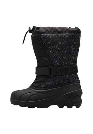 Black waterproof boot with a patterned textile upper, rubber sole, and adjustable drawstring at the top. Features a buckle for secure fit.
