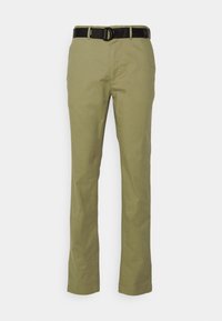 Khaki broeken met een rechte pijpdesign, gemaakt van lichte stof, voorzien van een zwarte riem met een ronde gesp.