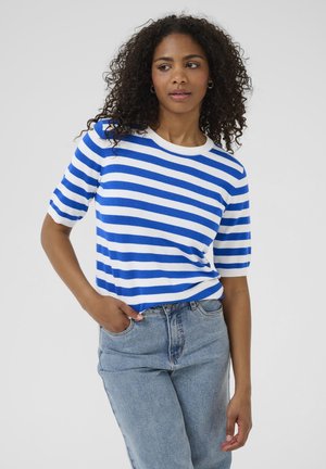 Blue and white striped knit shirt with short sleeves and a round neckline, paired with light blue high-waisted jeans.