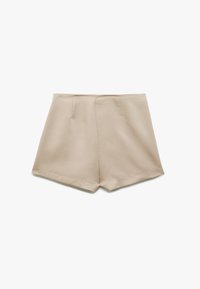 Beige, hochtaillierte Shorts aus glattem Stoff mit maßgeschneidertem Design, featuring zwei Vorderfalten und einem umgeschlagenen Saum.