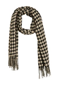 Bufanda de patrón de espiga en negro y beige, con bordes con flecos. Fabricada en un material suave, intrincadamente tejida para ofrecer textura y calidez.