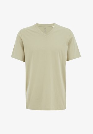 T-shirt court à manches courtes de couleur beige clair en coton. Présente un décolleté en V et une coupe décontractée, texture lisse avec des détails de design minimaux.