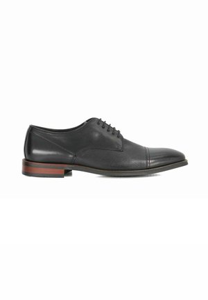 Black leather dress shoe with a smooth finish, rounded toe, 5 eyelet lace-up design, and a contrasting brown stacked heel.