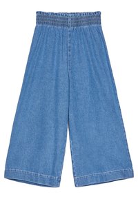 Ljusblå denim culotter med elastisk midja, vida ben och en slät yta. Har en ren fåll på benen.