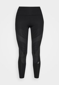 Czarne legginsy sportowe mają wysoki pas i geometryczny wzór składający się z małych kropek i linii wzdłuż dolnej części nogawek.