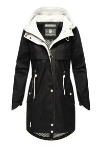 Black waterproof jacket with white hood, adjustable drawstrings, two front pockets, and striped inner lining. Features snap and zip closures.
