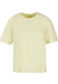 Light yellow cotton t-shirt with short sleeves, round neck, and a regular fit. Smooth texture with a simple design and no visible patterns.