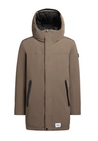 Chaqueta marrón con capucha y textura lisa, con cremalleras negras en los bolsillos delanteros y una etiqueta con logotipo en el dobladillo. Forro interior aislante.