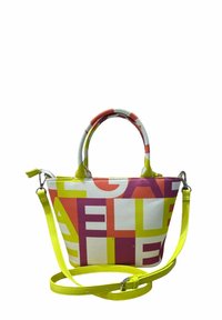 Borsa piccola in tela con sfondo bianco e testo audace in rosa, arancione e giallo. Presenta manici corti e una lunga tracolla regolabile.