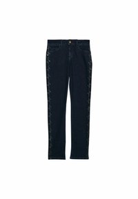 Tummat farkut suoralla leikkauksella, joissa on kultainen koristeommellus sivusaumoissa. Napin sulkeminen ja viisi taskua.