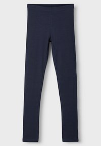 Marineblå leggings laget av et glatt, elastisk stoff med elastisk liv og ingen synlige sømmer, designet for komfort og bevegelsesfrihet.