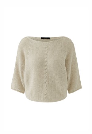 Beige knitted short-sleeve sweater with a wide neckline and subtle vertical cable knit patterns down the front.