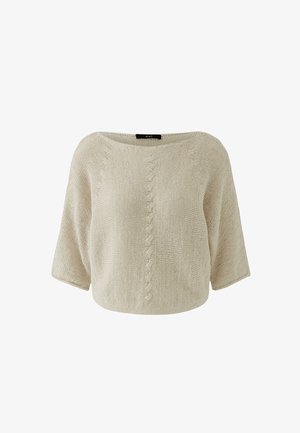 Beige gebreide trui met korte mouwen, een brede halslijn en subtiele verticale kabelbreipatronen aan de voorkant.