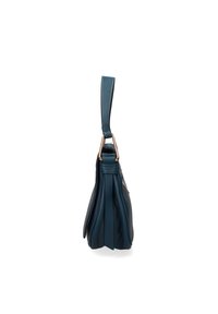 Borsa in pelle turchese con design plissettato, dotata di manico superiore, accessori in tono dorato e finitura testurizzata. Forma compatta e strutturata.