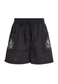 Shorts noirs en tissu léger, dotés de deux poches latérales et d'une broderie florale blanche sur chaque poche. Taille élastique avec cordon de serrage.