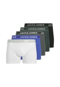 Pięć par męskich bokserek w kolorach białym, niebieskim, szarym, ciemnozielonym i czarnym, z elastycznymi paskami w talii z logo "JACK & JONES".