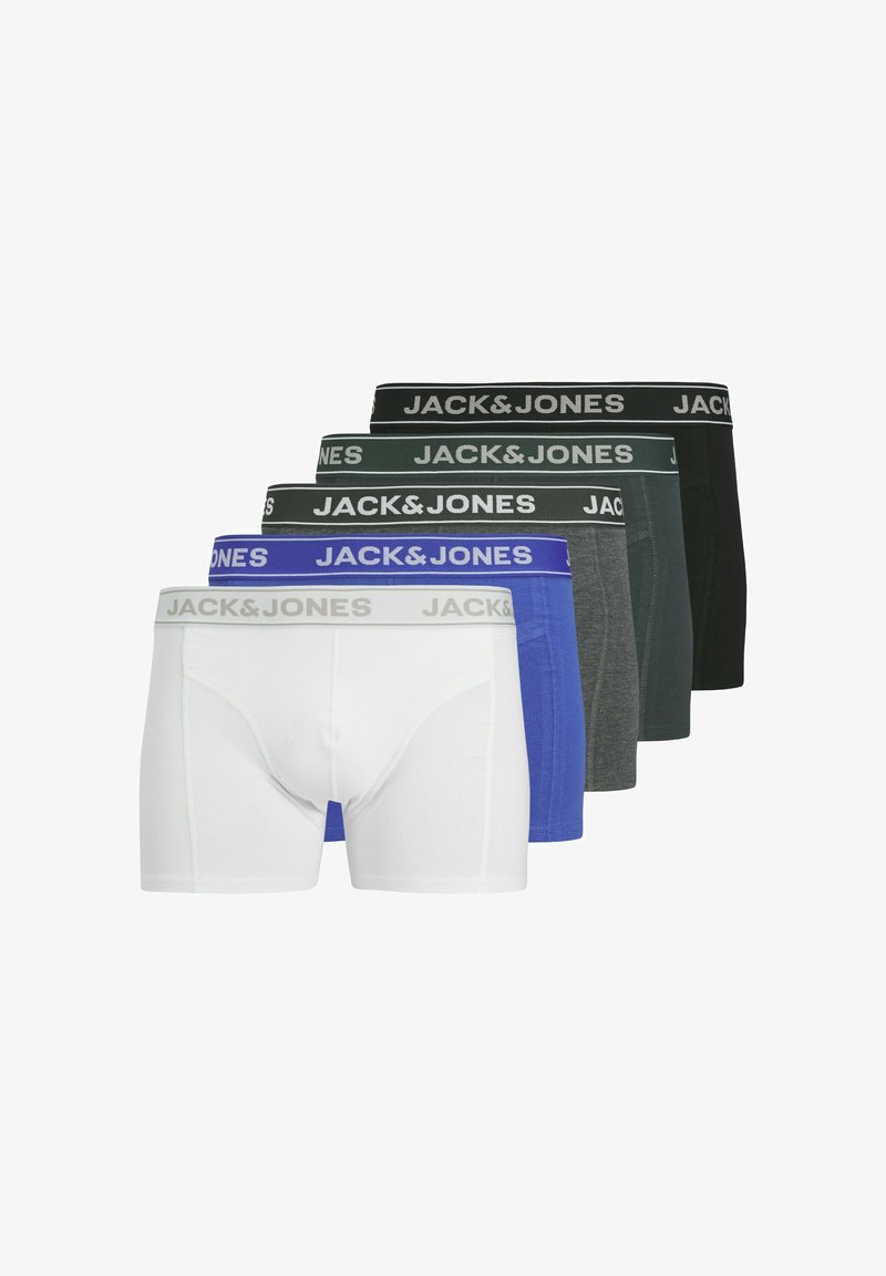 Pięć par męskich bokserek w kolorach białym, niebieskim, szarym, ciemnozielonym i czarnym, z elastycznymi paskami w talii z logo "JACK & JONES".