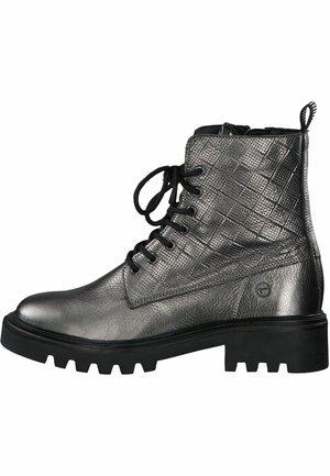 Metallic gray ankle boot with a textured finish, lace-up front, and a chunky black sole. Features quilted detailing on the upper section.