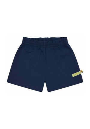 Marineblauwe katoenen shorts met een elastische tailleband, voorzien van een klein groen en geel logo-label aan de zijkant en een gladde textuur.